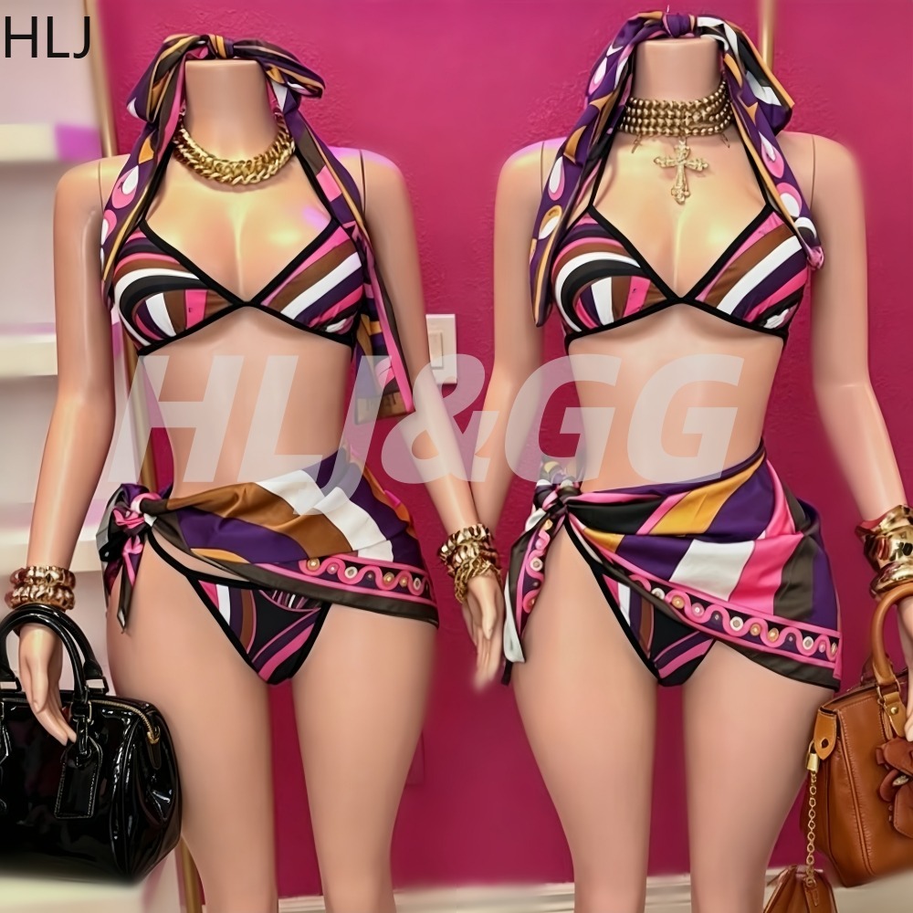 Printed Wrap Skirt - HLJ Women 4Piece Print Bikini Set