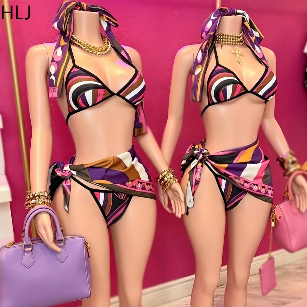 HLJ Women 4Piece Print Bikini  - Printed Wrap Skirt 评论和价格